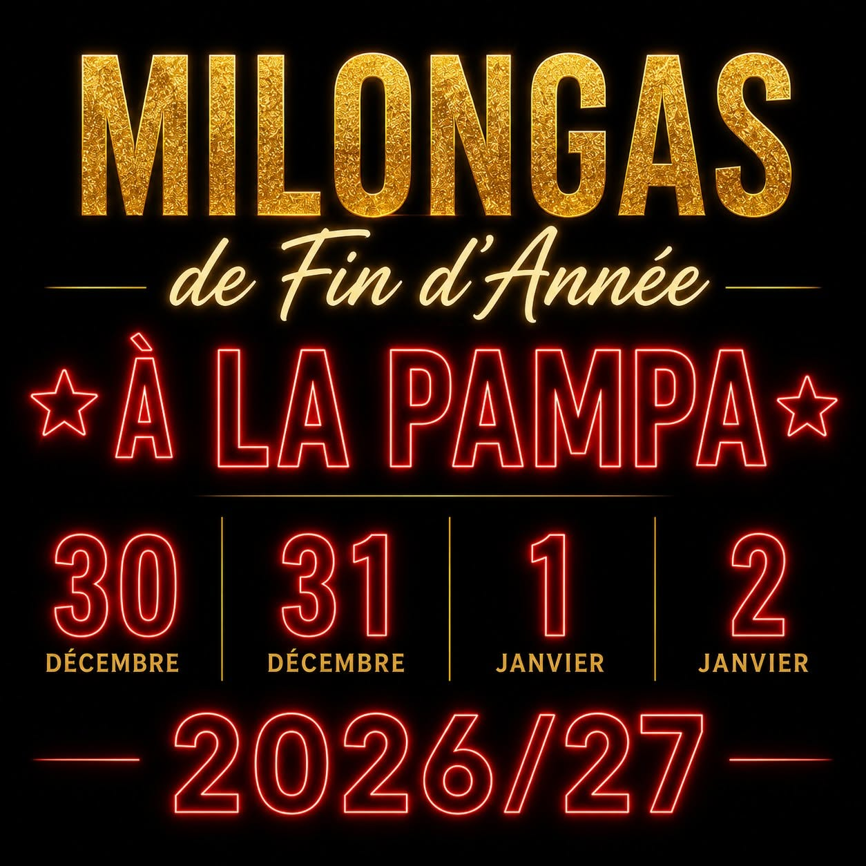 Milongas de fin d’année à La Pampa, du 30 décembre 2026 au 2 janvier 2027